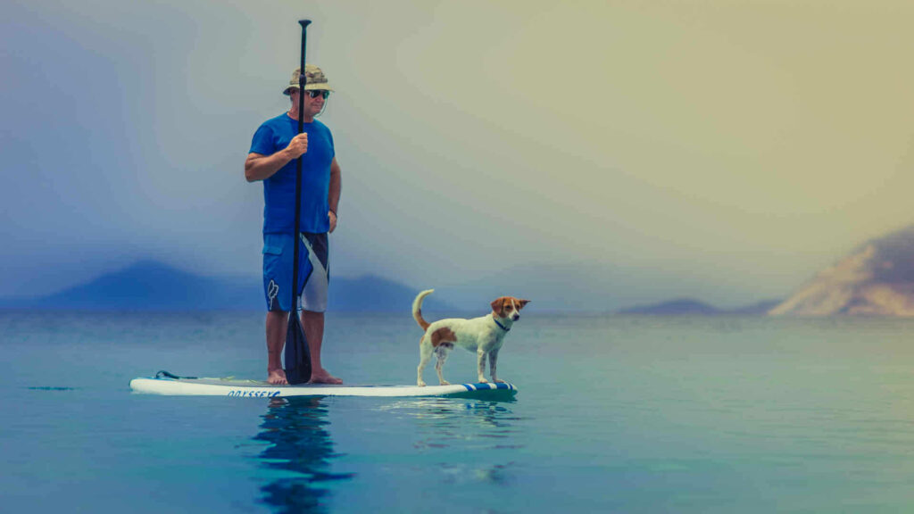 Der Mann mit dem Paddel in der Hand lässt sich mit seinem Board langsam über das Wasser treiben. Sein Hund steht an der Spitze des Boards.