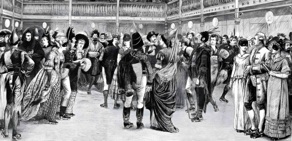 Rollschuhlaufen - Diese Illustration vom April 1877, die für The Graphic (Britisches Wochenmagazin 1869-1932) angefertigt wurde, zeigt einen Maskenball auf Rollschuhen.