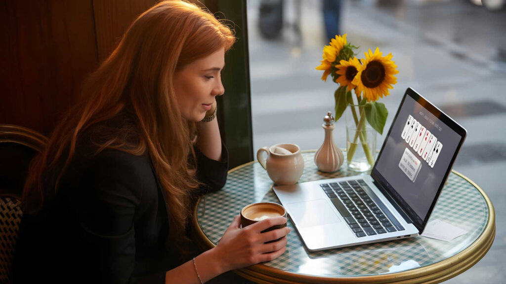Eine junge Frau sitzt in einem Café und spielt auf ihrem Laptop Solitaire.