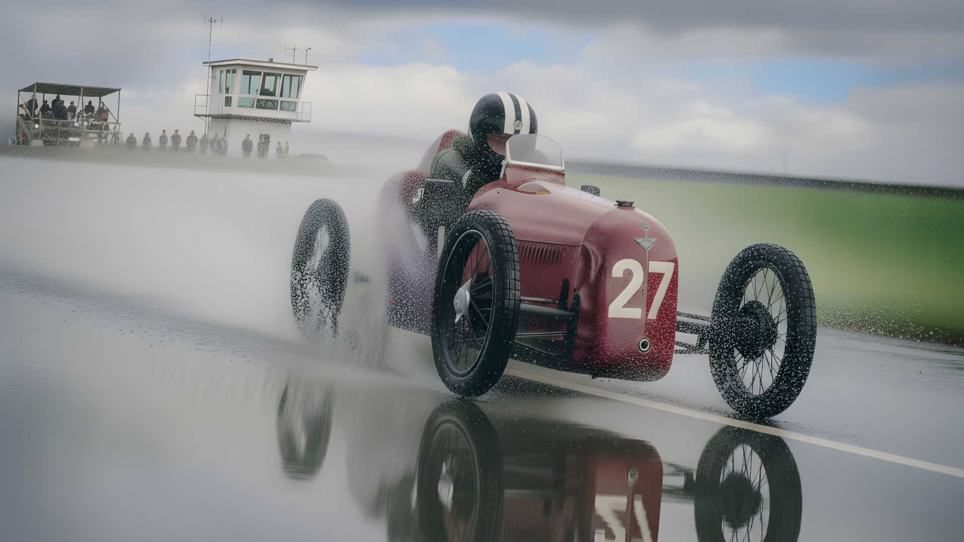 Dies ist ein KI-generiertes Bild mit Hilfe von Gemini. Ein Cyclekart jagt bei Regen die Piste entlang.