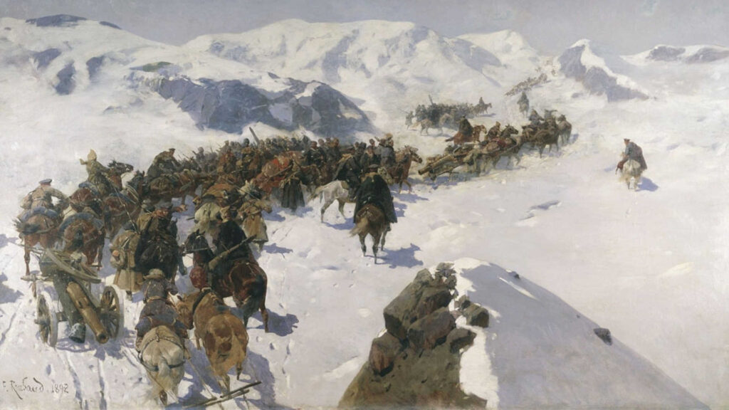 Reiten – Wir sehen ein Werk von Franz Rouband. Es zeigt die Passage des Fürsten Augustinsky über der Kaukasuskamm. Es stammt aus dem Jahr 1853 und zeigt die Nutzung der Pferde bei der Passage.