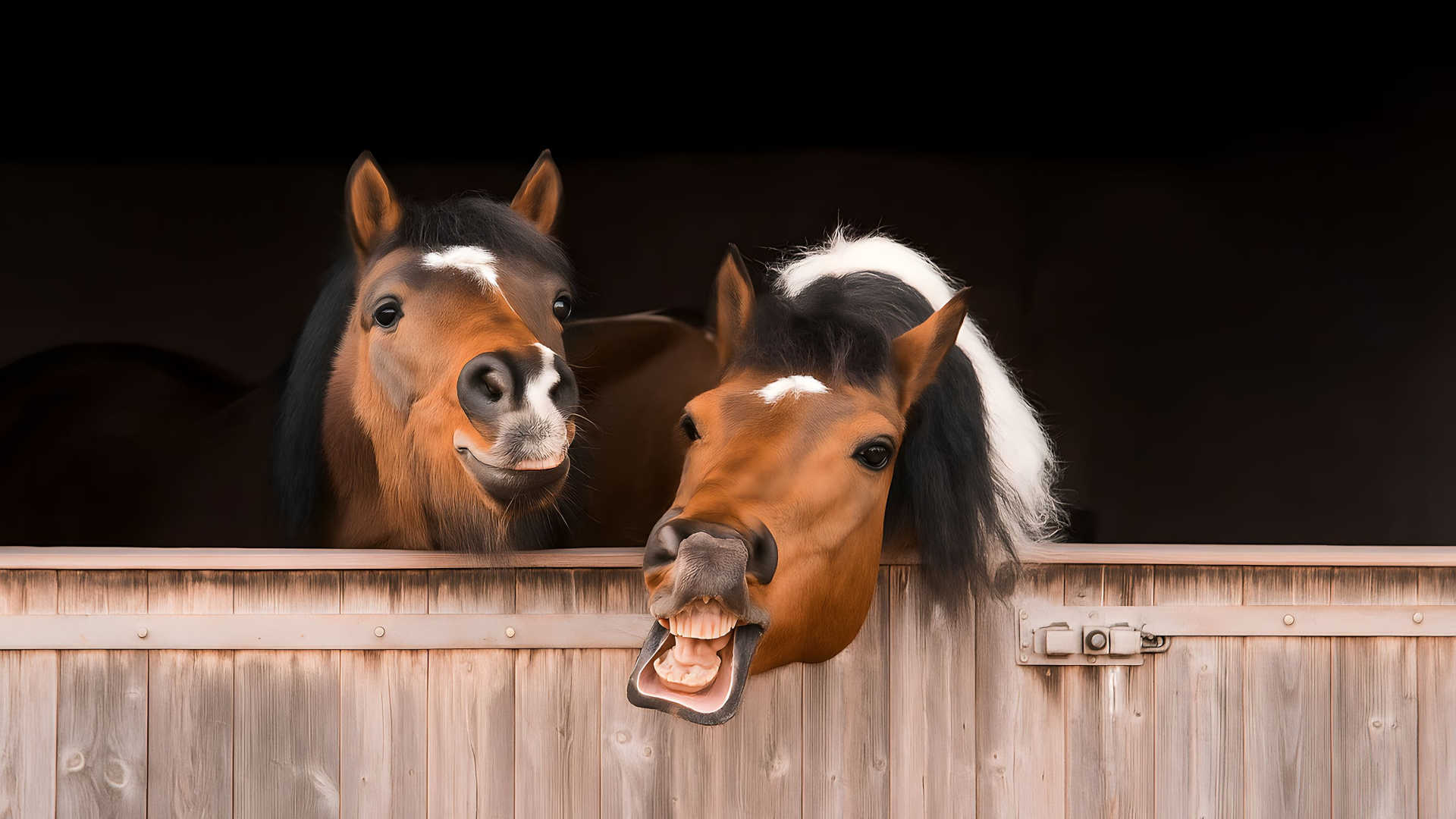 Reiten - Zwei Pferde schauen aus ihrem Stall. Ein Pferd wiehert, das andere schaut amüsiert.