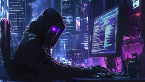 Vibe Coding – Eine KI sitzt, mit einer Kutte mit Kapuze verhüllt, vor einem Computer und schreibt Software.