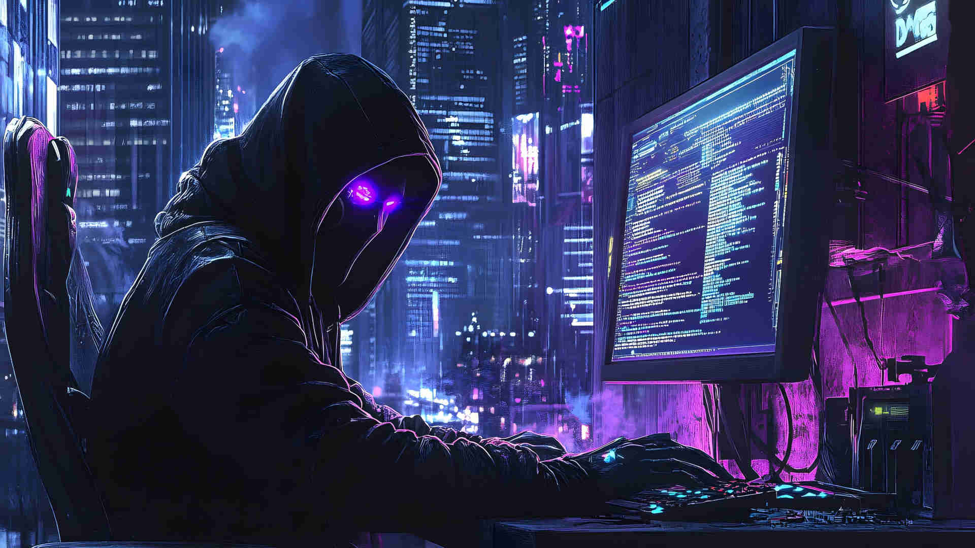 Vibe Coding – Eine KI sitzt, mit einer Kutte mit Kapuze verhüllt, vor einem Computer und schreibt Software.