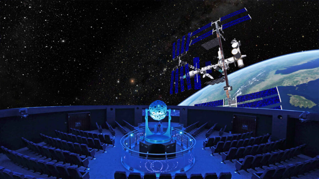 Astronomie – Im Zeiss-Planetarium Bochum können Zuschauer verschiedene Einblicke in das Weltall erfahren. Hier die Raumstation ISS über der Erde.