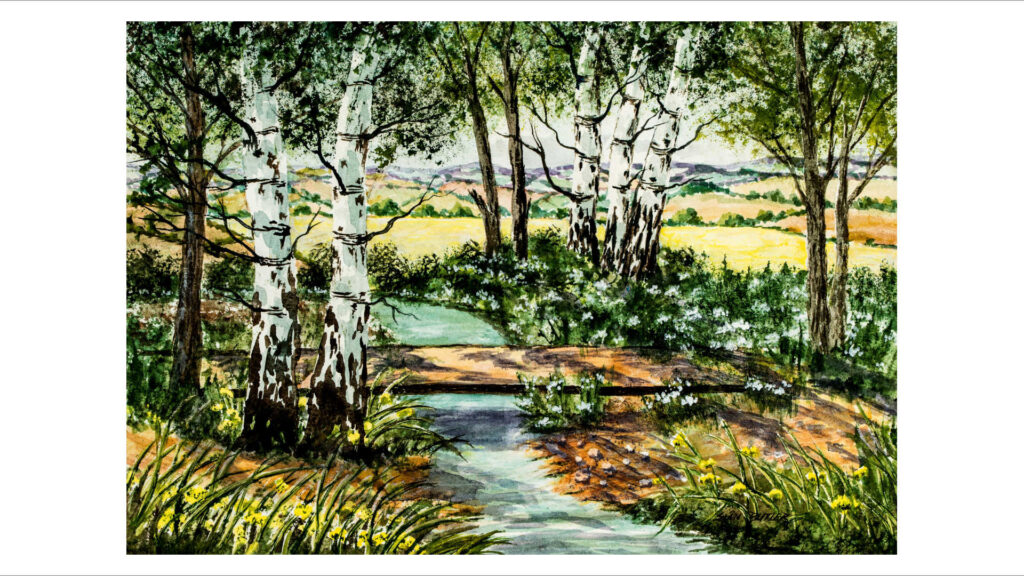Acrylmalerei – Ein mit Acrylfarben gemaltes Bild mit dem Titel „Fluss unter Bäumen“.