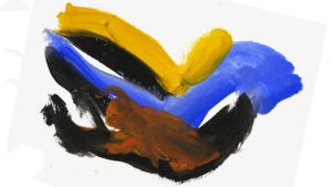 Gouache-Malerei - Kleine abstrakte Gouache-Arbeit in den Kontrastfarben Gelb, Schwarz und Blau, gemalt 2008 vom niederländischen Künstler Fons Heijnsbroek.
