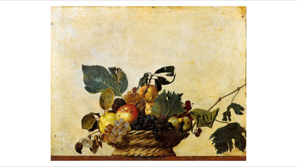 Ölmalerei – Ein Stilleben von Caravaggio mit dem Titel „Canestra di Frutta“, gemalt um 1596., Öl auf Leinwand.