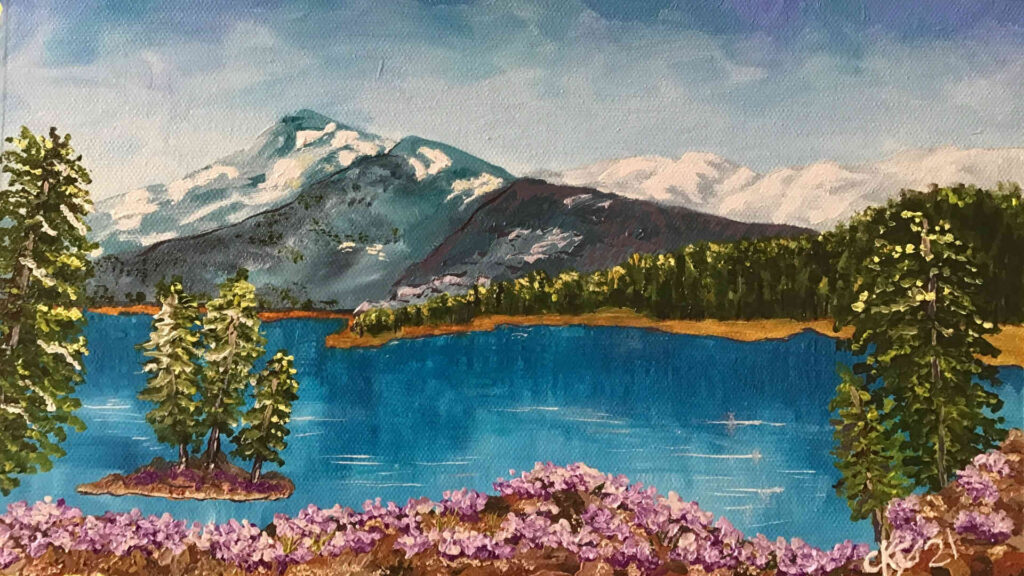 Ölmalerei – Ein Gemälde eines Sees mit Bergen im Hintergrund von Catherine Kay.