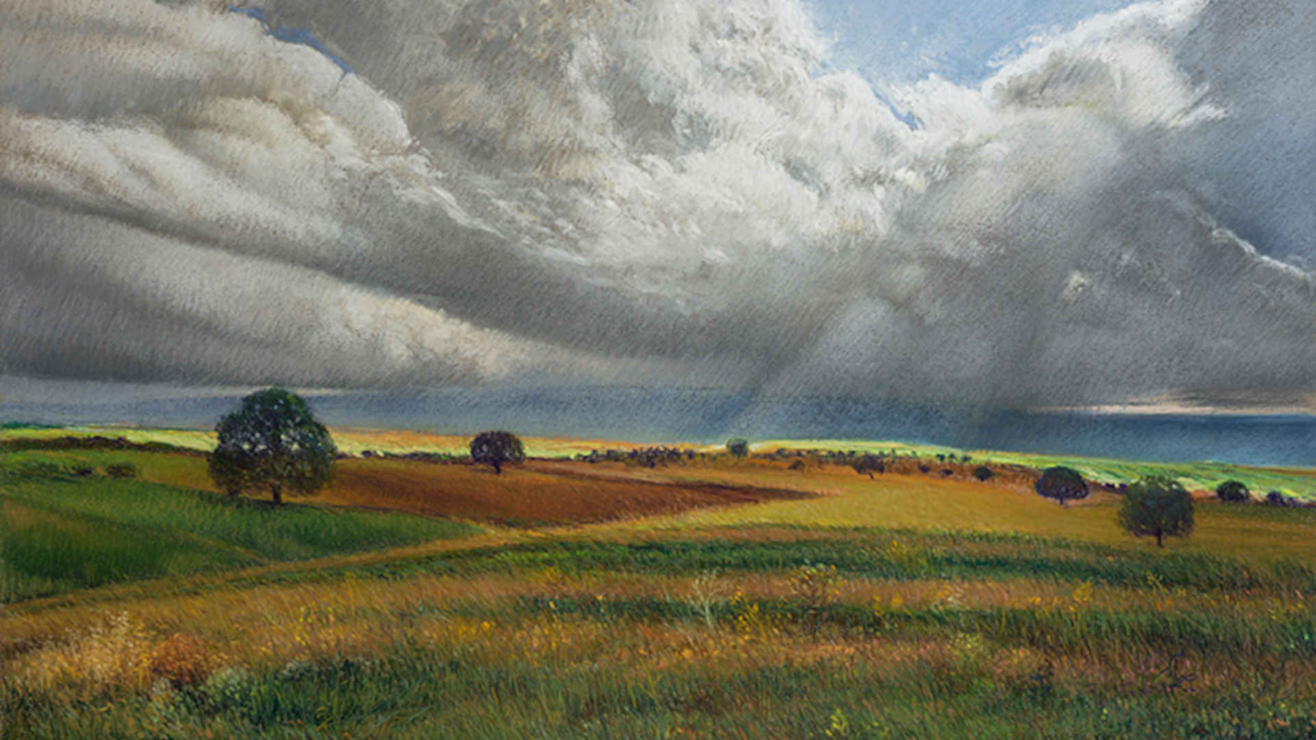 Pastellmalerei – Ein Werk von G.H. Saber aus dem Jahr 2021 in Pastell. Wir blicken auf eine Landschaft im iranischen Doshman Ziari: Wiesen und Felder unter einem blauen Himmel mit weißen Wolken.