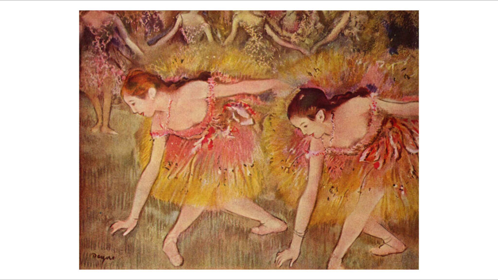 Pastellmalerei – Ein Werk von Edgar Degasvon aus dem Jahr 1885 in Pastell. Wir sehen sich verneigende Tänzerinnen in rosaroten Kleidern.