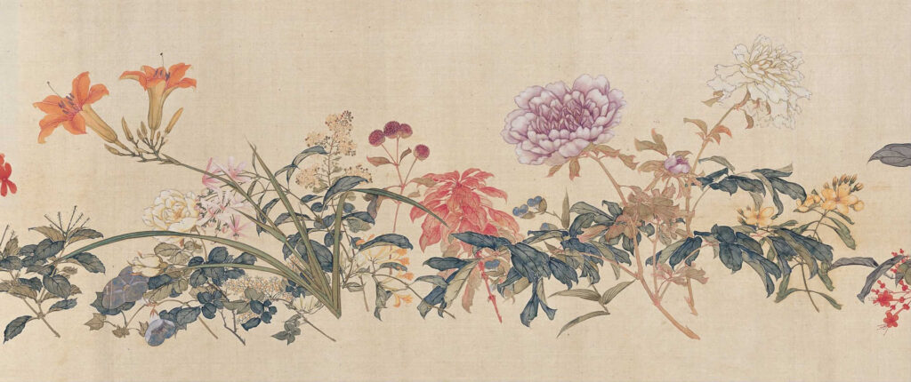 Seidenmalerei - Hundert Blumen von Ju Lian (1828 – 1904), Tinte und Farbe auf Seide.