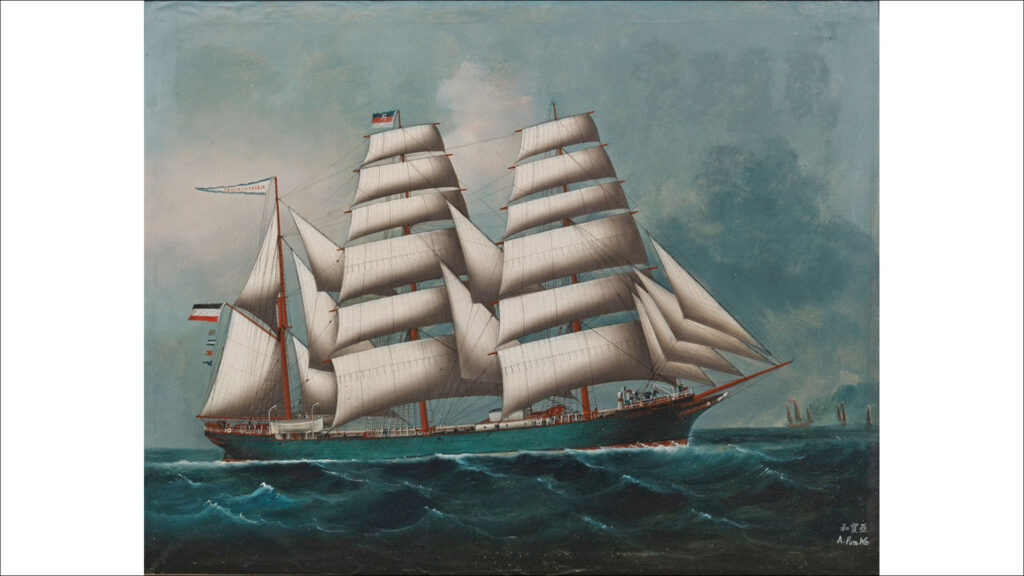 Seidenmalerei - Kapitänsbild der Dreimastbark Albert Rickmers vor den Felsen von Hongkong von Pun Woo auf Seide.