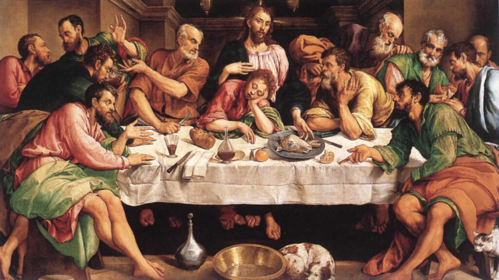 Wein herstellen – Abendmahl mit Wein als religiöses Symbol der Erlösung. Gemahlt von Jacopo Bassano 1542.
