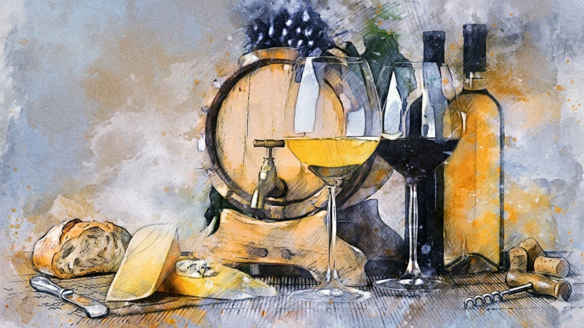 Wein herstellen – Ein Weinfass, Weinflaschen und gefüllte Gläser, dazu Brot und Käse.