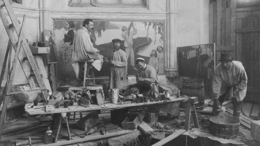 Fresko-Malerei - Akseli Gallen-Kallela und seine Assistenten beim Malen des Freskos „Frühling“ im Jusélius-Mausoleum in Pori, um 1902.