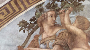 Fresko-Malerei – Wir sehen ein Detail des Lünettenfreskos. Es wurde von Raffael im Vatikan für Papst Julius II. gemalt. Der Ausschnitt zeigt einen Teil der Szene Allegorie der Tugend.