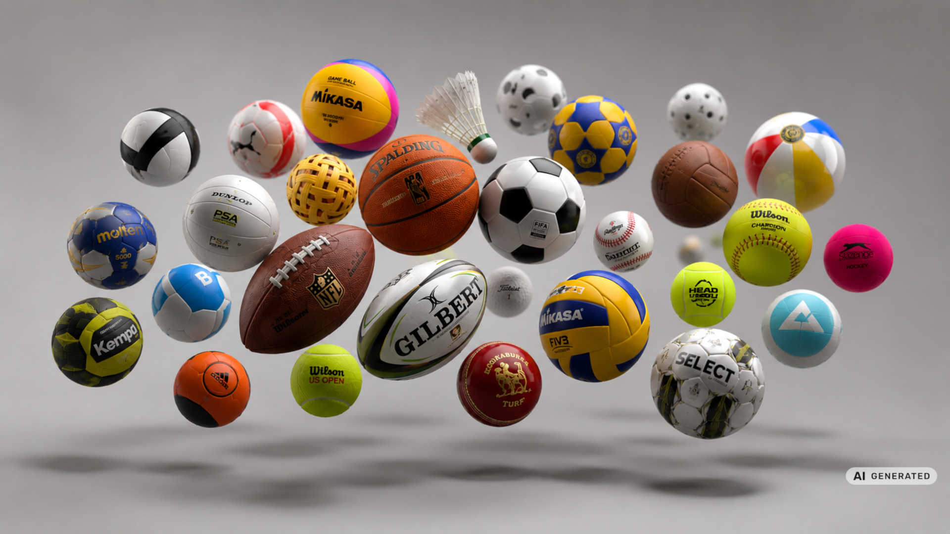 Eine schwebende Wolke von Bällen der verschiedensten Ball-Sportarten.