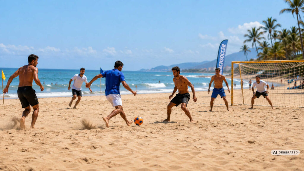 Beachsoccer – Junge Männer spielen Fußball am Strand. Im Hintergrund sind Palmen zusehen.