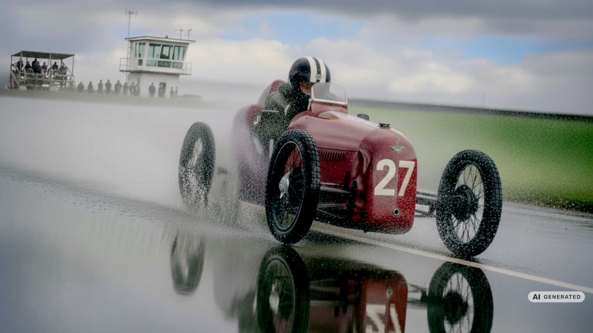 Dies ist ein KI-generiertes Bild mithilfe von Gemini. Ein Cyclekart jagt bei Regen die Piste entlang.