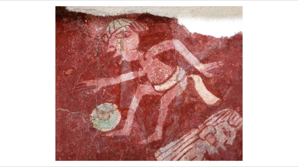 Fußball – Wir sehen einen Fußballspieler auf einem Wandbild in Tepantitla bei Teotihuacán (ca. 6. Jh.) im heutigen Mexiko.