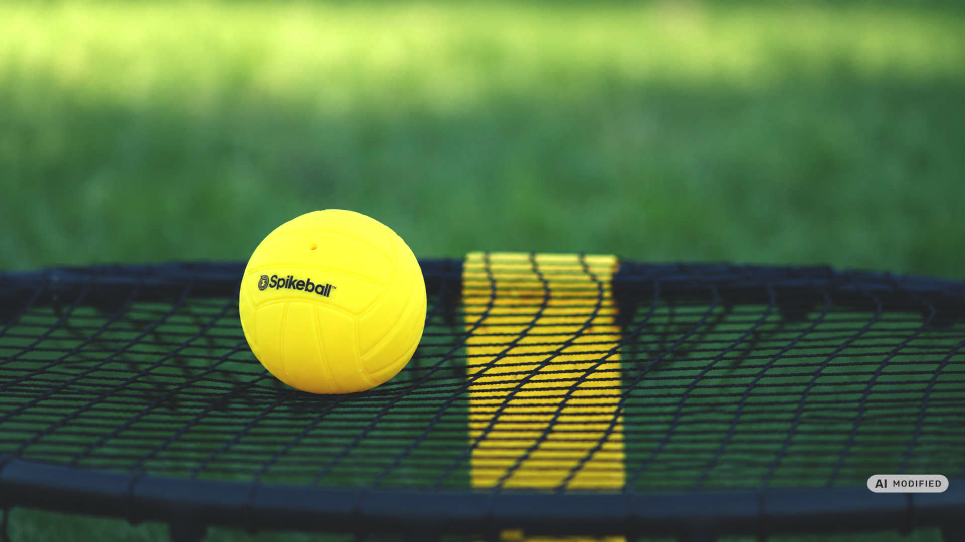 Roundnet wird auch Spikeball genannt. Hier ein gelber Ball mit dem Aufdruck der Firma „Spikeball“.
